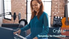  Presentation with piano keyboard - Theme consisting of young-woman-musician-playing-piano background and a ocean colored foreground