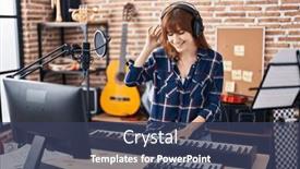  Presentation with piano keyboard - Presentation having young-woman-musician-playing-piano background and a ocean colored foreground