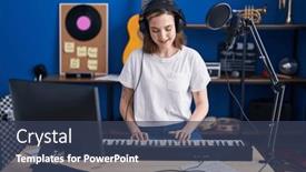  Presentation with piano keyboard - Presentation theme with young-woman-musician-playing-piano background and a ocean colored foreground