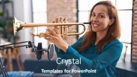 Presentation with trumpet - PPT theme with young-woman-musician-playing-trumpet background and a ocean colored foreground