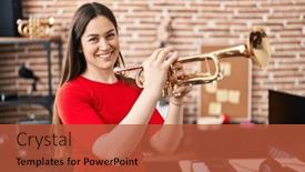  Presentation with trumpet - PPT theme featuring young-woman-musician-playing-trumpet background and a red colored foreground
