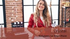  Presentation with ukulele - Presentation theme consisting of young-woman-musician-playing-ukulele background and a red colored foreground