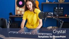  Presentation with piano keyboard - Presentation theme featuring young-woman-musician-singing-song background and a ocean colored foreground
