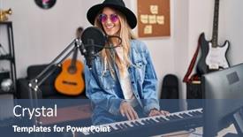  Presentation with piano keyboard - PPT theme with young-woman-musician-singing-song background and a ocean colored foreground