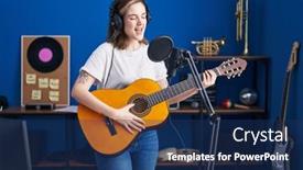  Presentation with classical music - PPT theme featuring young-woman-musician-singing-song background and a navy blue colored foreground