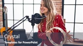  Presentation with tambourine - Presentation theme having young-woman-musician-singing-song background and a ocean colored foreground