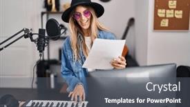  Presentation with piano keyboard - Presentation design enhanced with young-woman-musician-singing-song background and a gray colored foreground