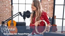  Presentation with tambourine - Presentation theme featuring young-woman-musician-singing-song background and a ocean colored foreground