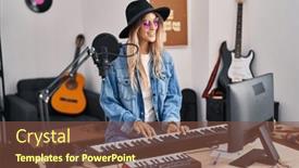  Presentation with piano keyboard - PPT theme consisting of young-woman-musician-singing-song background and a tawny brown colored foreground