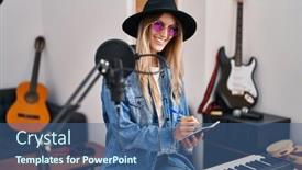  Presentation with music studio - PPT layouts with young-woman-musician-smiling-confident background and a ocean colored foreground