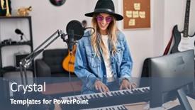  Presentation with piano keyboard - PPT theme having young-woman-musician-smiling-confident background and a ocean colored foreground