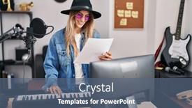  Presentation with piano keyboard - Slides featuring young-woman-musician-smiling-confident background and a ocean colored foreground