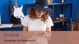  Presentation with music studio - Theme with young-woman-musician-smiling-confident background and a coral colored foreground