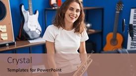  Presentation with trumpet - Presentation featuring young-woman-musician-smiling-confident background and a coral colored foreground