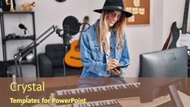  Presentation with music studio - PPT theme enhanced with young-woman-musician-smiling-confident background and a violet colored foreground