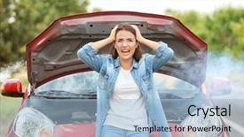  Presentation with angry - Cool new PPT theme with young woman near broken car backdrop and a light blue colored foreground
