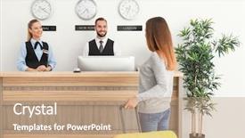  Presentation with hotel - Amazing slide deck having young woman near reception desk backdrop and a coral colored foreground