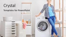  Presentation with laundry room - Audience pleasing PPT theme consisting of young woman near washing machine backdrop and a white colored foreground