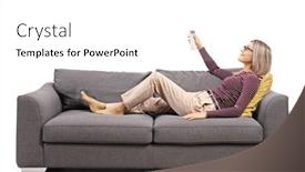  Presentation with remote - PPT theme having young-woman-on-a-gray background and a white colored foreground