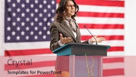  Presentation with usa flag - Presentation having young-woman-on-a-pedestal background and a  colored foreground