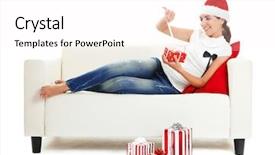  Presentation with christmas presents - Presentation theme enhanced with young woman on a sofa opening the christmas presents background and a white colored foreground
