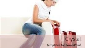  Presentation with christmas presents - Audience pleasing PPT theme consisting of young woman on a sofa opening the christmas presents backdrop and a coral colored foreground