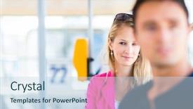  Presentation with school - Beautiful PPT theme featuring young woman on a streetcar backdrop and a sky blue colored foreground