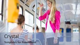  Presentation with how word until page color - Audience pleasing slide deck consisting of young woman on a streetcar backdrop and a light blue colored foreground