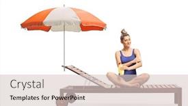  Presentation with under umbrella - Colorful PPT theme enhanced with young woman on a sunbed applying sun cream under umbrella isolated on white background backdrop and a lemonade colored foreground