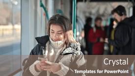  Presentation with tram - PPT theme consisting of young-woman-on-a-tram background and a coral colored foreground