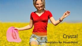  Presentation with rapeseed - Presentation design having young woman on blooming rapeseed field in summer background and a gold colored foreground