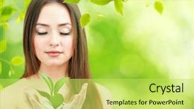  Presentation with beautiful green - Theme with young woman on green natural background and a yellow colored foreground