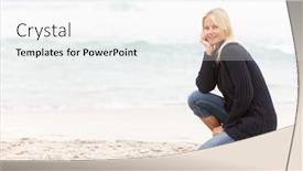  Presentation with kneeling - Colorful slide set enhanced with young woman on holiday kneeling on winter beach backdrop and a white colored foreground