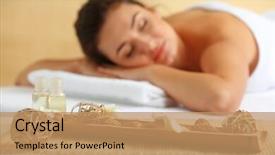  Presentation with salon - Presentation theme featuring young-woman-on-massage-table background and a coral colored foreground