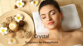  Presentation with beauty salon - Cool new PPT layouts with young woman on massage table backdrop and a coral colored foreground