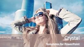  Presentation with wide - Cool new presentation with young woman on modern city background wide angle view backdrop and a coral colored foreground
