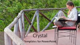  Presentation with savannah - Theme with young woman on safari vacation reading on balcony with breathtaking views of savannah background and a coral colored foreground