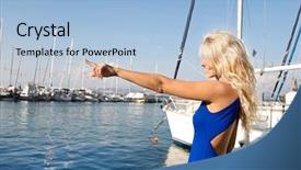  Presentation with forefinger - Presentation theme having young woman on sailing and pointing with her forefinger background and a light blue colored foreground