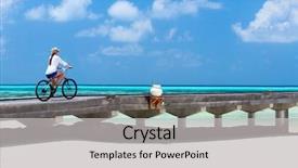  Presentation with biking - Beautiful theme featuring young woman on summer vacation biking at tropical beach backdrop and a light gray colored foreground