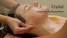  Presentation with aromatherapy oil - Slide set enhanced with young woman on the ayurvedic background and a coral colored foreground