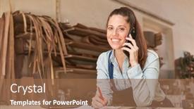  Presentation with customer service - Presentation theme having young-woman-on-the-mobile background and a tawny brown colored foreground