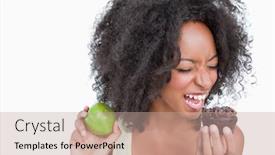  Presentation with muffin - Colorful theme enhanced with young woman on the point to eat a chocolate muffin against a white background backdrop and a coral colored foreground