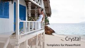  Presentation with tropical - Presentation theme enhanced with young woman on tropical beach background and a soft green colored foreground