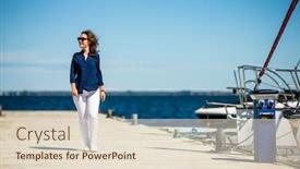  Presentation with vacation - Colorful slides enhanced with young woman on vacation walking in harbor backdrop and a lemonade colored foreground