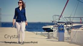  Presentation with vacation - Slide set with young woman on vacation walking in harbor background and a mint green colored foreground