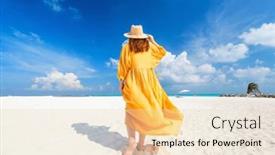  Presentation with maldives - PPT theme with young-woman-on-white-sand background and a lemonade colored foreground