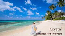  Presentation with sand ocean - Slide deck having young-woman-on-white-sand background and a  colored foreground