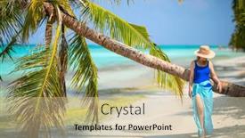  Presentation with turquoise beach - Presentation with young-woman-on-white-sand background and a soft green colored foreground