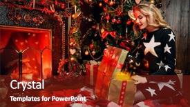  Presentation with christmas presents - Cool new slides with young woman opening a gift backdrop and a tawny brown colored foreground