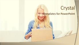  Presentation with transportation - Presentation with young woman opening cardboard box background and a cream colored foreground
